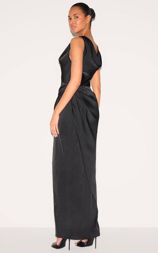Black Robe Longue Drapée En Satin À Col Bénitier | Taille 32 - PrettyLittleThing - Modalova