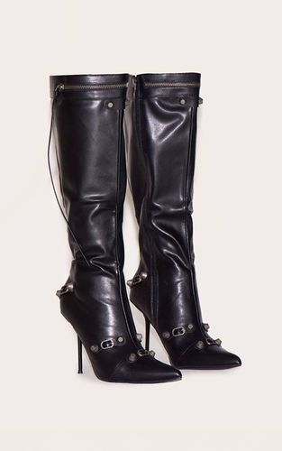 Black Bottes Hautes À Talons Avec Bout Pointu Et Détail Zip En Synthétiquecuir | Taille 36 - PrettyLittleThing - Modalova