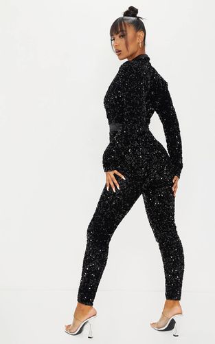 Black Combinaison Pantalon Ajustée En Velours À Sequins Avec Décolleté Plongeant | Taille 32 - PrettyLittleThing - Modalova