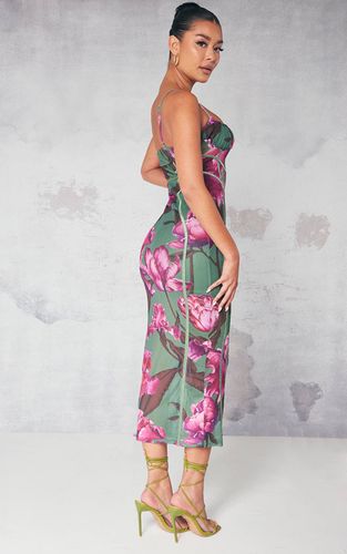 Green Robe Midaxi En Mesh À Imprimé Floral Avec Détail De Lacets | Taille 42 - PrettyLittleThing - Modalova