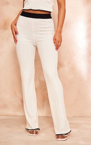 White Pantalon En Maille Côtelée Avec Ourlet Contrastant | Taille XS - PrettyLittleThing - Modalova