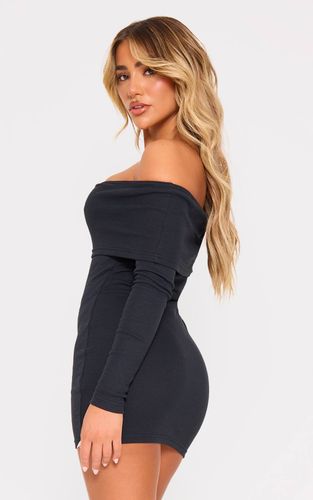 Black Robe Moulante Côtelée À Épaules Dénudées Bardot Et Manches Longues | Taille 42 - PrettyLittleThing - Modalova