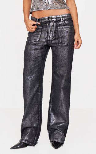 Black Jean Large Taille Basse À Effet Métallisé | Taille 32 - PrettyLittleThing - Modalova