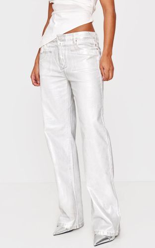 White Jean Large Taille Basse À Effet Métallisé | Taille 32 - PrettyLittleThing - Modalova