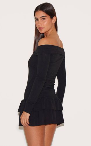 Black Robe Droite Côtelée À Épaules Dénudées Avec Détail Croisé Au Buste | Taille 42 - PrettyLittleThing - Modalova