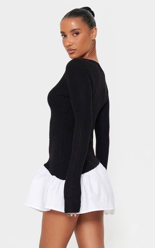 Black Robe Droite En Maille Côtelée Brossée À Ourlet Asymétrique | Taille 42 - PrettyLittleThing - Modalova