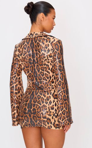 Brown Chemise À Manches Longues Imprimé Léopard À Paillettes Avec Détail Noué Devant | Taille 36 - PrettyLittleThing - Modalova