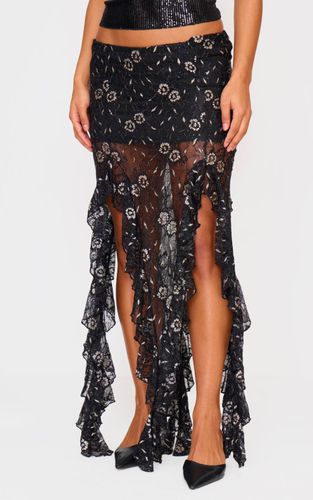 Black Jupe Longue À Détails Drapés En Dentelle À Sequins | Taille 32 - PrettyLittleThing - Modalova