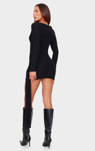 Black Robe Moulante Côtelée Brossée Avec Détail Ceinture À Nouer À La Taille | Taille 32 - PrettyLittleThing - Modalova