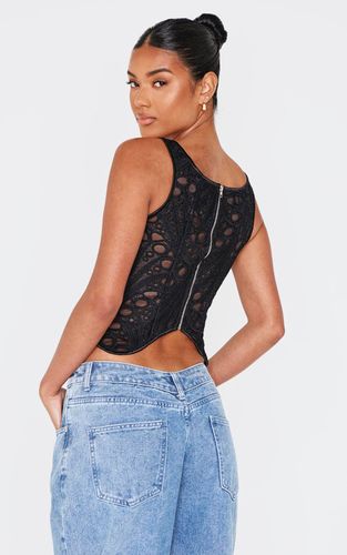 Black Corset À Encolure Carrée En Voile Texturé À Motifs Floraux | Taille 32 - PrettyLittleThing - Modalova