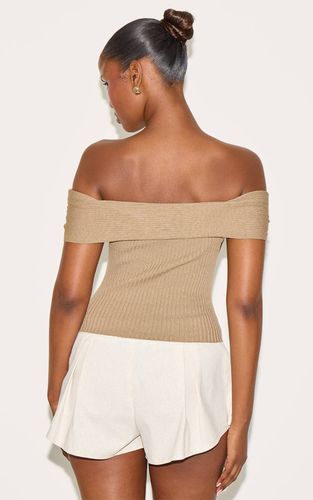 Haut Bardot Côtelé À Boutons Avec Détail Torsadé | Taille XS - PrettyLittleThing - Modalova