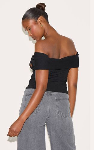 Black Haut Bardot Côtelé À Boutons Avec Détail Torsadé | Taille XS - PrettyLittleThing - Modalova