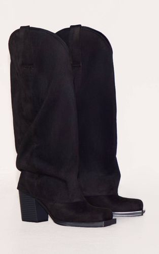 Black Bottes Western Hautes Au-dessus Du Genou À Talon Bloc En Daim Bout Carré Avec Revers | Taille 36 - PrettyLittleThing - Modalova