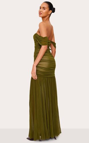 Olive Robe Longue En Mesh À Épaules Dénudées Avec Détails Froncés | Taille 42 - PrettyLittleThing - Modalova