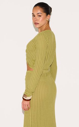 Olive Haut À Manches Longues En Maille Pointelle Avec Détail De Bordure | Taille XS - PrettyLittleThing - Modalova