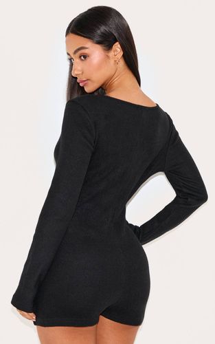 Black Combinaison Courte Côtelée À Manches Longues Boutonnée Petite | Taille XS - PrettyLittleThing - Modalova