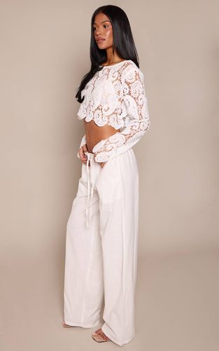 White Pantalon Long En Lin À Taille Coulissée | Taille 34 - PrettyLittleThing - Modalova