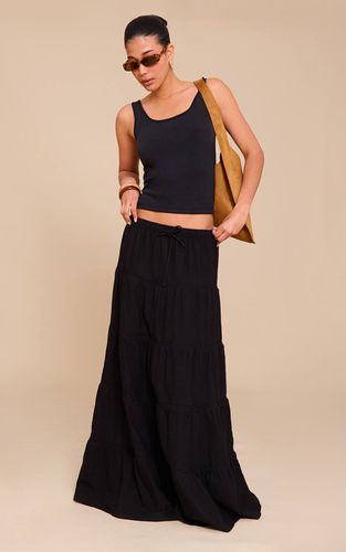 Black Jupe Longue En Coton À Taille Froncée Avec Cordon De Serrage | Taille 32 - PrettyLittleThing - Modalova