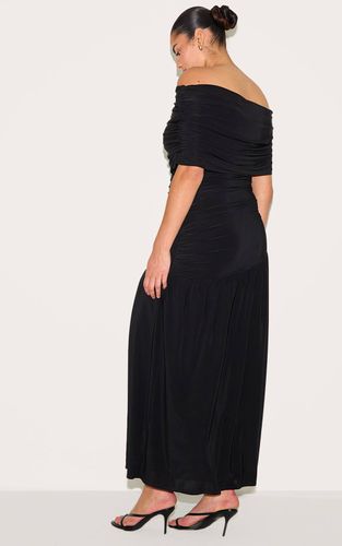 Black Robe Longue Grande Taille À Double Couche Slinky Bardot Froncée | Taille 46 - PrettyLittleThing - Modalova