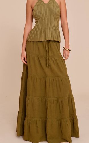 Olive Jupe Longue En Coton À Taille Froncée Avec Cordon De Serrage | Taille 32 - PrettyLittleThing - Modalova