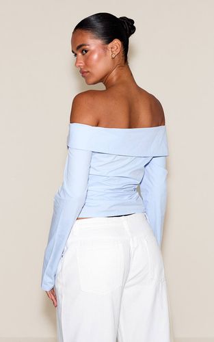 Sky Blue Haut Bardot En Coton Froncé À Ourlet Asymétrique | Taille 34 - PrettyLittleThing - Modalova