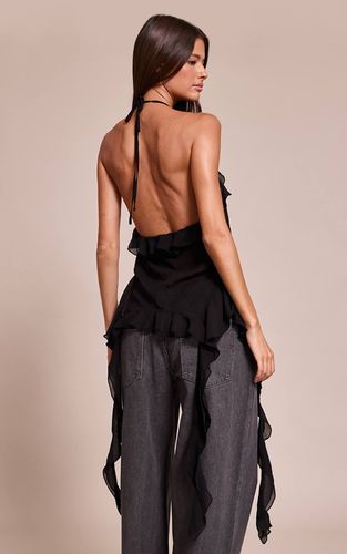 Black Haut Long Imprimé En Mousseline Avec Détails De Volants Drapés | Taille 42 - PrettyLittleThing - Modalova