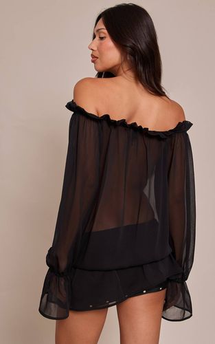 Black Top Bardot En Mousseline À Manches Longues Avec Détail Lacé | Taille 32 - PrettyLittleThing - Modalova