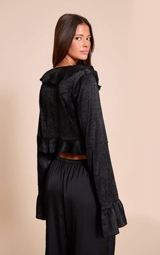 Black Top Court En Satin Texturé À Volants Avec Fermeture À Nouer Devant | Taille 32 - PrettyLittleThing - Modalova