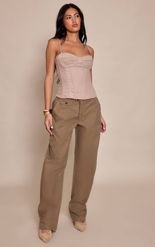 Khaki Pantalon Tissé À Jambe Tonneau Avec Boutons | Taille 42 - PrettyLittleThing - Modalova