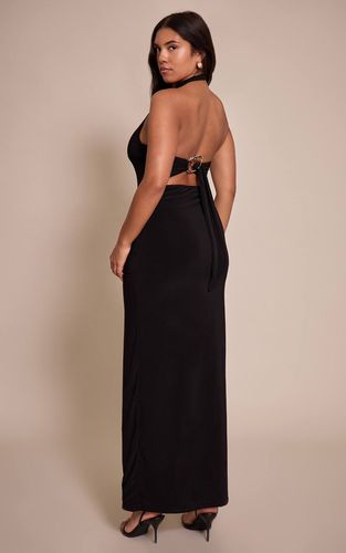 Black Robe Maxi Ajustée À Encolure Licou Dos Noué Détail Doré Et Col Drapé | Taille 42 - PrettyLittleThing - Modalova