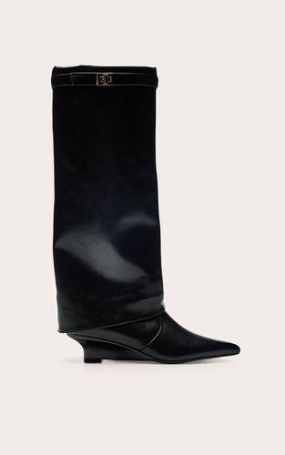 Black Bottes Hautes À Talon Compensé Chaton En Synthétique Avec Revers Pliable | Taille 38 - PrettyLittleThing - Modalova