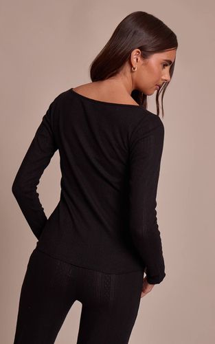 Black Haut À Manches Longues Col Bateau En Maille Pointelle | Taille 32 - PrettyLittleThing - Modalova
