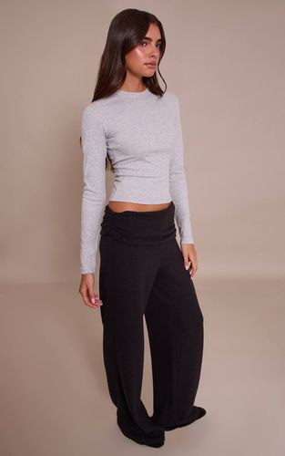 Black Pantalon Droit À Taille Repliée Aspect Laine | Taille 42 - PrettyLittleThing - Modalova