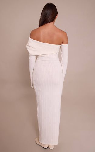 Cream Robe Maxi À Manches Longues En Maille Côtelée Brossée Avec Encolure Asymétrique Bardot | Taille 42 - PrettyLittleThing - Modalova