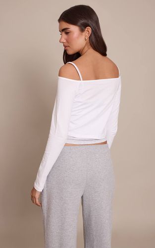White Haut Bardot À Manches Longues En Coton Avec Détail Superposé | Taille 42 - PrettyLittleThing - Modalova