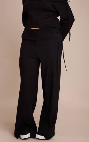 Black Pantalon Large En Maille Avec Taille Repliée Et Liens Latéraux Plus | Taille XL - PrettyLittleThing - Modalova