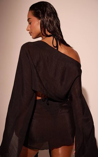 Black Top À Épaules Drapées Effet Lin | Taille XS - PrettyLittleThing - Modalova