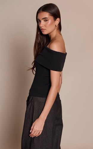 Black Top Long Côtelé À Détail Bardot Avec Col Rabattu | Taille XS - PrettyLittleThing - Modalova