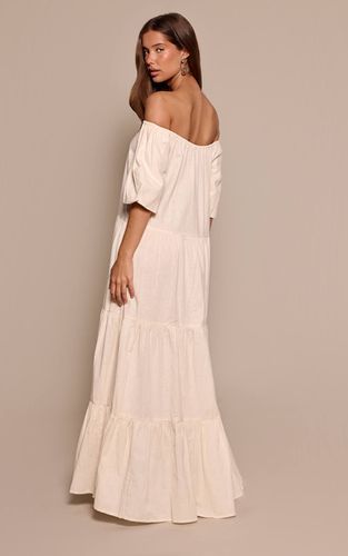 Cream Robe Longue Évasée À Épaules Dénudées Effet Lin | Taille 42 - PrettyLittleThing - Modalova