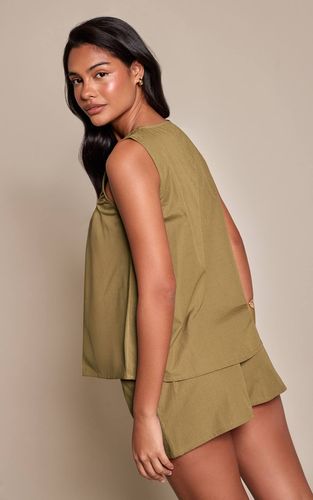 Khaki Haut Col Rond Froncé En Coton | Taille 32 - PrettyLittleThing - Modalova