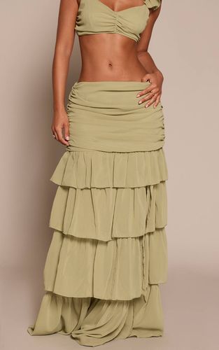Olive Jupe Longue En Mousseline De Soie Plissée À Volants Multicouches Petite | Taille 42 - PrettyLittleThing - Modalova