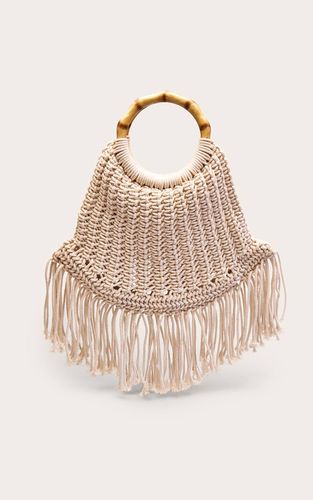 Cream Sac À Main En Macramé À Pompon Avec Poignée En Bois - PrettyLittleThing - Modalova
