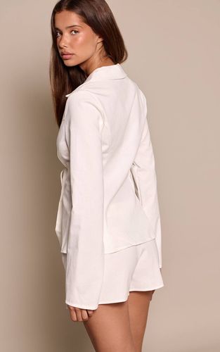 White Chemise Aspect Lin Détail Perles Avec Lien À Nouer | Taille 42 - PrettyLittleThing - Modalova