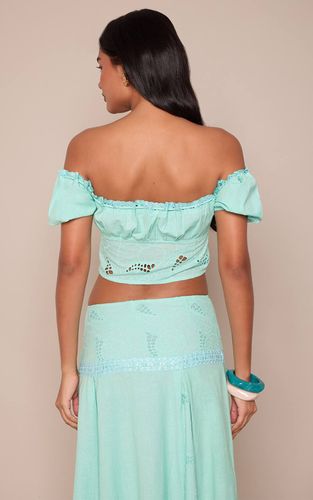 Haut Court Coordonné Bleu Aqua À Épaules Dénudées Avec Nœud Brodé | Taille 42 - PrettyLittleThing - Modalova
