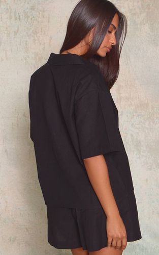 Black Chemise Coordonnée À Manches Courtes Et Boutonnage Effet Lin Petite | Taille 42 - PrettyLittleThing - Modalova