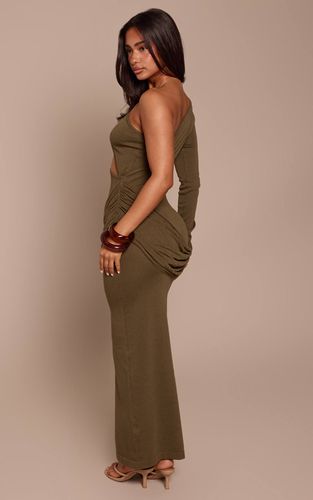 Olive Robe Maxi Tricotée Petite Asymétrique À Manche Longue Et Taille Drapée | Taille XS - PrettyLittleThing - Modalova