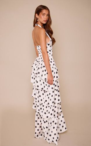 Monochrome Robe Longue Satinée À Pois Avec Dos Nu Et Volants Étagés / | Taille 32 - PrettyLittleThing - Modalova