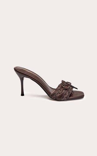 Brown Mules À Talons Chocolat En Dentelle Froncée Avec Nœud | Taille 38 - PrettyLittleThing - Modalova