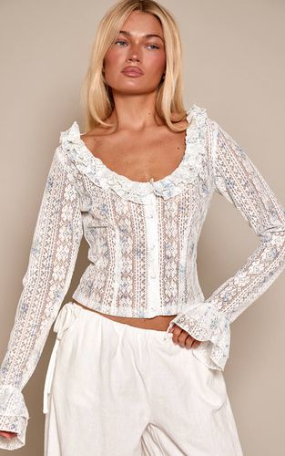 White Haut Ajusté À Imprimé Fleuri Pointelle Avec Détails Volantés | Taille 42 - PrettyLittleThing - Modalova