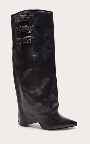 Black Bottes Hautes À Revers Avec Triple Boucle Et Talon Bloc Finition Patinée | Taille 36 - PrettyLittleThing - Modalova